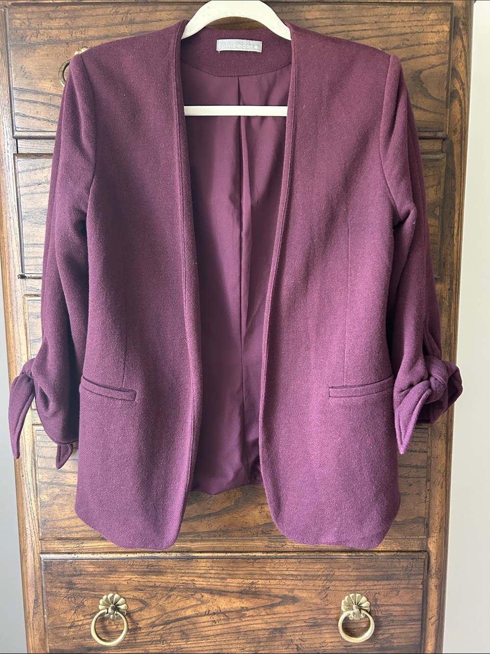 Olivia Moon Plum Knit Open-Front Blazer with Rolled Tie Sleeves, Size XS